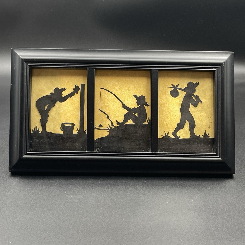 Vintage Silhouette Wall Art Framed Shadowbox Fishing Boy Country Cottage Decor